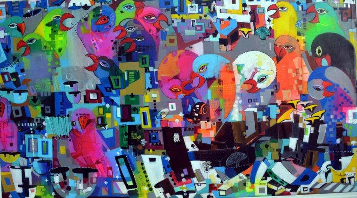 Abstract acrylic painting titled 'Urban Noise 14', 24x48 inches, by artist Madan Lal on Canvas