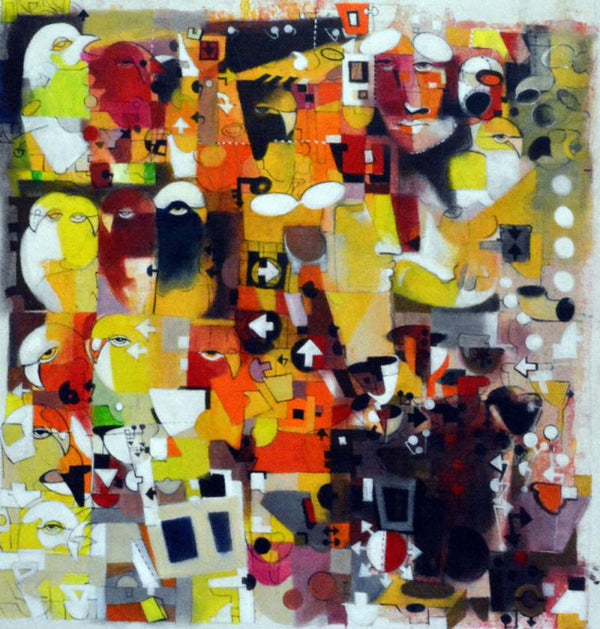 Abstract acrylic painting titled 'Urban Noise II', 36x36 inches, by artist Madan Lal on Canvas