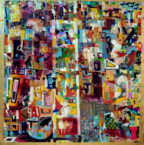 Figurative acrylic painting titled 'Urban Phulkari 2', 60x54 inches, by artist Madan Lal on Canvas