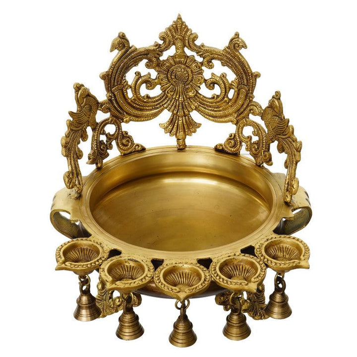 Religious handicraft titled 'Urli With Bells And 5 Diya', 12x12x8 inches, by artist Brass Handicrafts on Brass