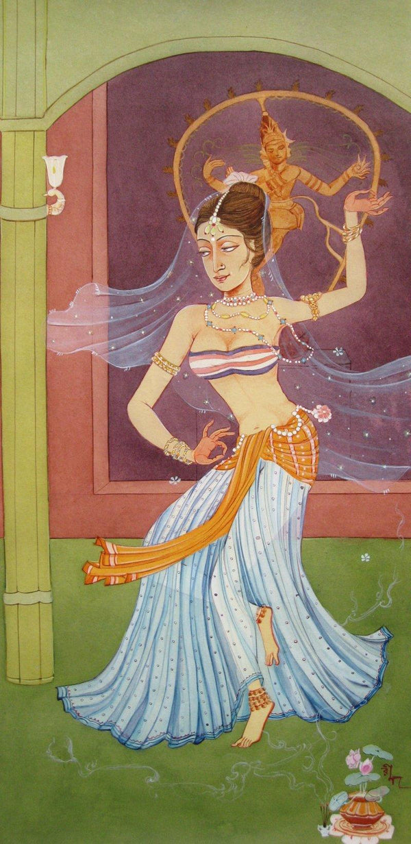 Figurative watercolor painting titled 'Urvashi', 11x23 inches, by artist Rina Roy on Paper