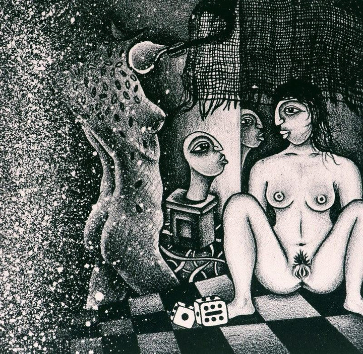 Nude printmaking titled 'Use And Throw 2', 8x8 inches, by artist Arvind Sharma on Paper