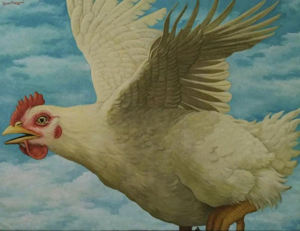 Surrealist oil painting titled 'Utopia the flying broiler', 30x40 inches, by artist Tarun Rajvansi on Canvas