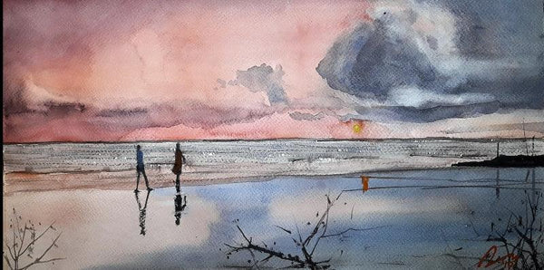 Seascape watercolor painting titled 'Vagator Beach', 6x27 inches, by artist Arunava Ray on Paper