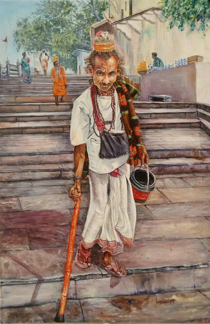 Figurative acrylic painting titled 'Vagrant in Ganga ghat', 24x36 inches, by artist Lasya Upadhyaya on Canvas