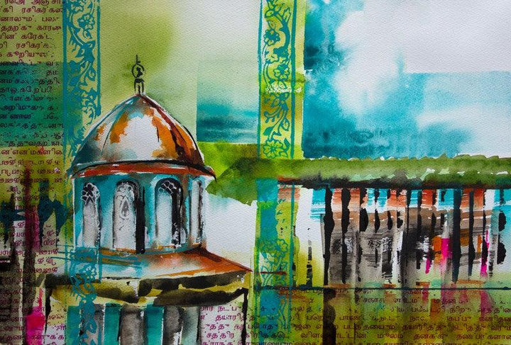 Cityscape watercolor painting titled 'Vaithisvarankovil', 12x16 inches, by artist Veronique Piaser-moyen on Paper