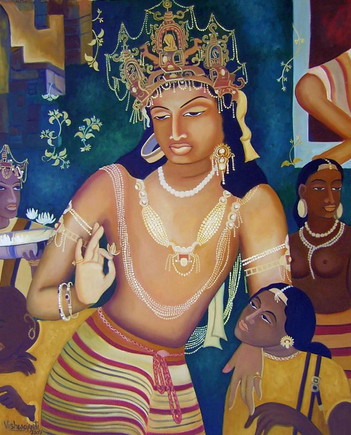 Religious oil painting titled 'Vajrapani Ode To Ajanta', 30x25 inches, by artist Vishwajyoti Mohrhoff on Canvas