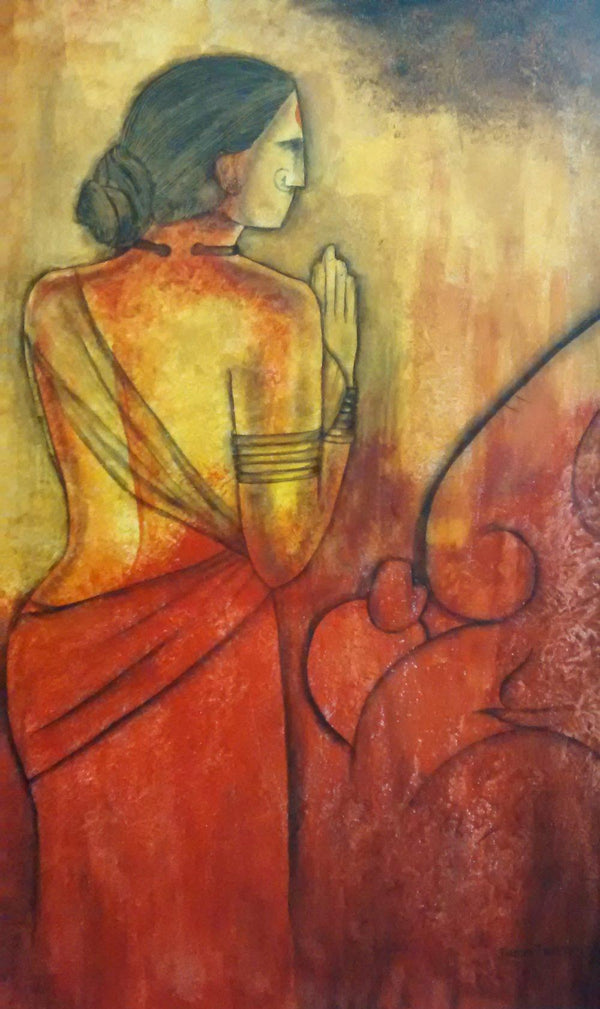 Figurative acrylic painting titled 'Vakrathunda', 20x30 inches, by artist Janaki Injety on Canvas