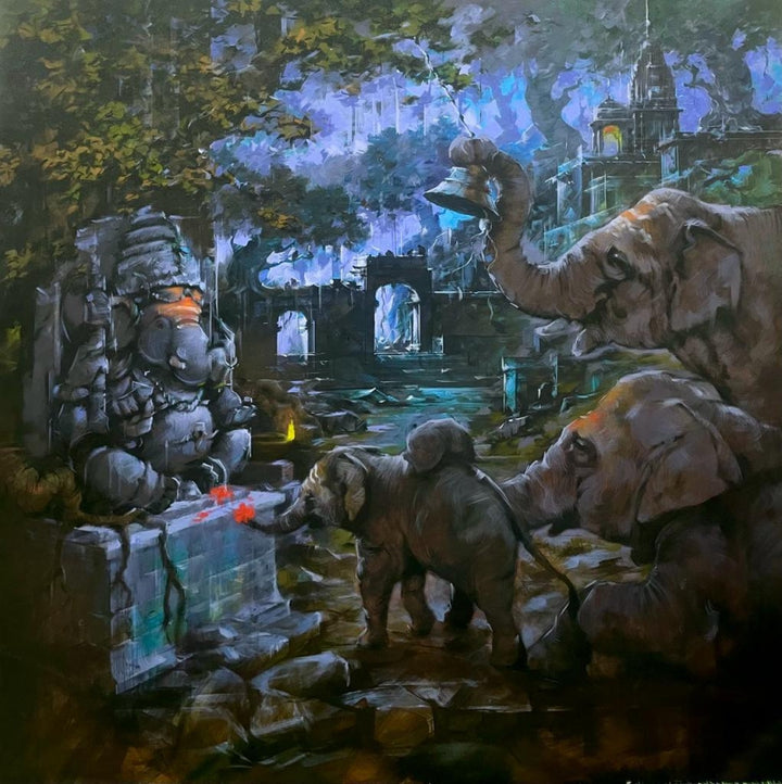 Religious acrylic painting titled 'Vakratunda', 36x60 inch, by artist Sandeep Chhatraband on Canvas