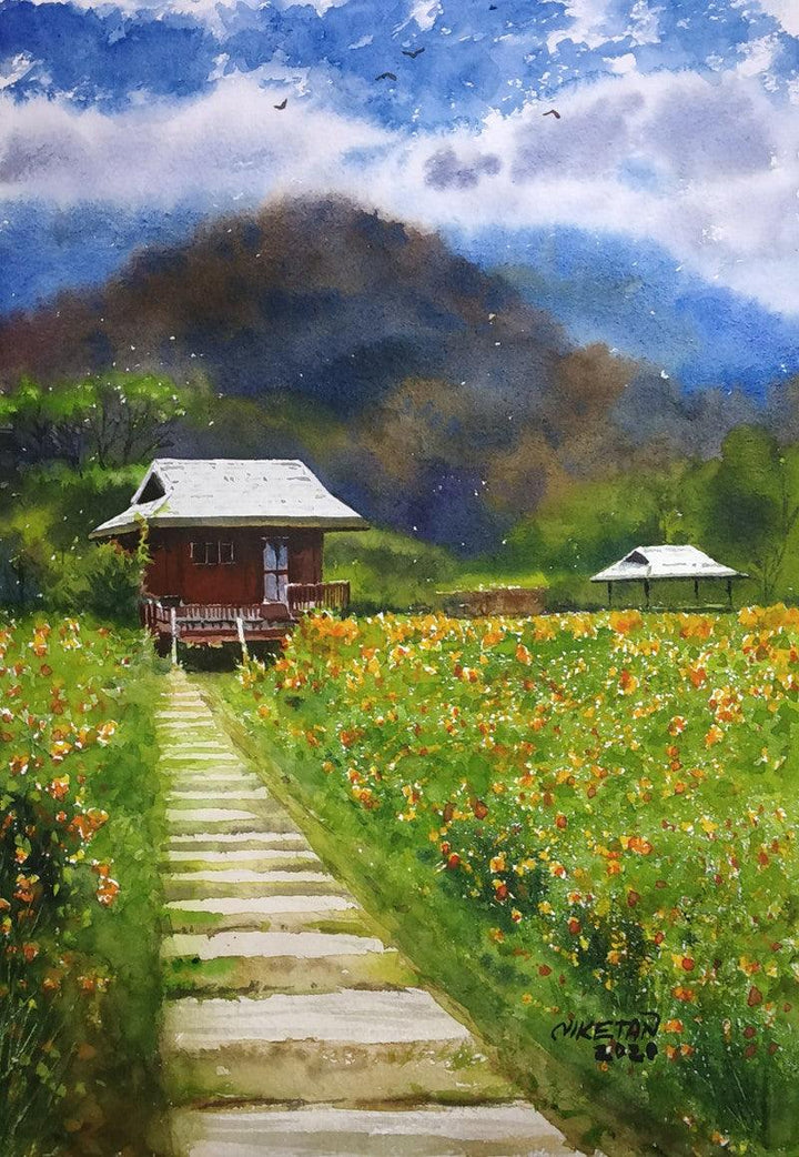 Landscape watercolor painting titled 'Valley Of Flowers', 12x8 inches, by artist Niketan Bhalerao on On Paper