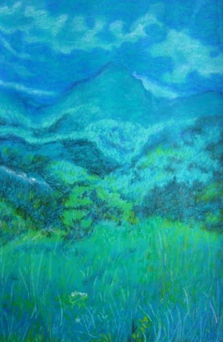 Landscape oil pastel painting titled 'Valley Of Silence', 24x18 inches, by artist Manjula Dubey on Paper