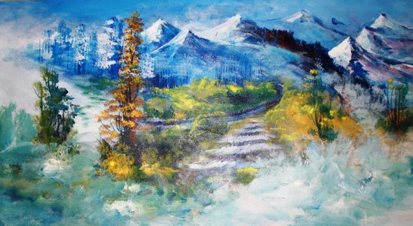 Landscape acrylic painting titled 'Valley Trail', 41x19 inches, by artist AYAAN GROUP on Canvas