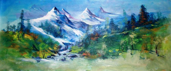 Landscape acrylic painting titled 'Valley View', 42x17 inches, by artist AYAAN GROUP on Canvas
