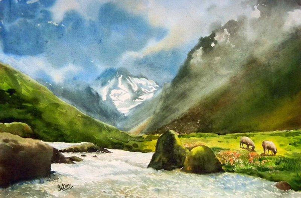 Landscape watercolor painting titled 'Vally Of Joy', 14x21 inches, by artist Jitendra Sule on Handmade Paper