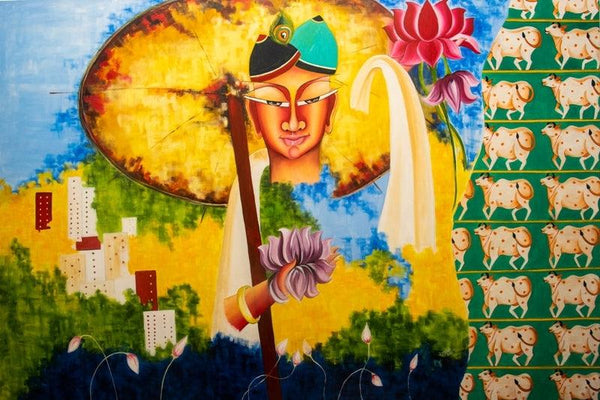 contemporary acrylic oil painting titled 'Vamana', 48x72 inches, by artist Deepali Mundra on Canvas