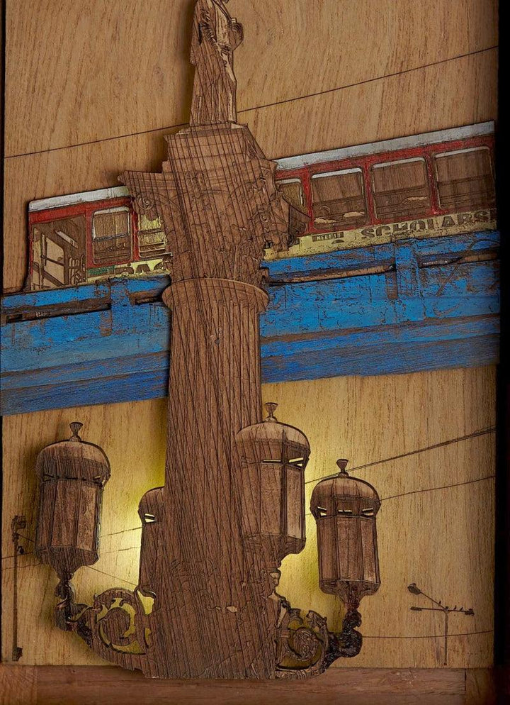 Cityscape sculpture titled 'Vanguard', 13x9x4 inches, by artist Shriram Mandale on Teak Wood