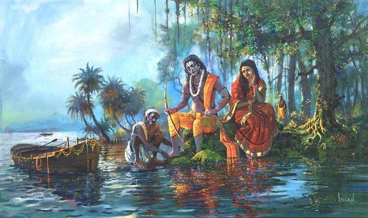 Religious acrylic painting titled 'Vanvas (Ram Sita)', 30x50 inches, by artist Bijay Biswaal on Canvas