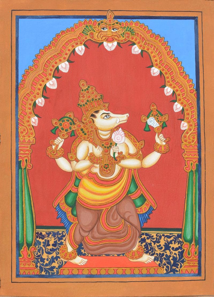 Religious mysore traditional art titled 'Varaha Avatara', 15x11 inches, by artist Radhika Ulluru on Paper