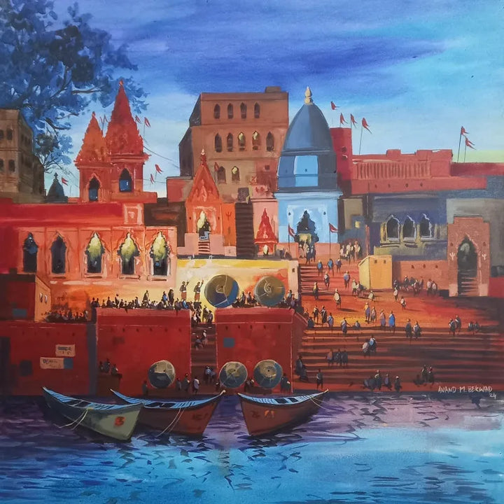 Religious acrylic painting titled 'Varanasi 1', 48x48 inch, by artist Anand Bekwad on Canvas