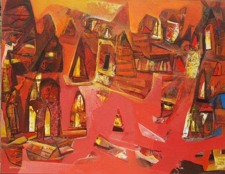 Abstract acrylic painting titled 'Varanasi 1', 42x54 inches, by artist Tapas Ghosal on canvas