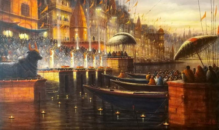 Religious acrylic painting titled 'Varanasi 10', 30x48 inches, by artist Paramesh Paul on Canvas