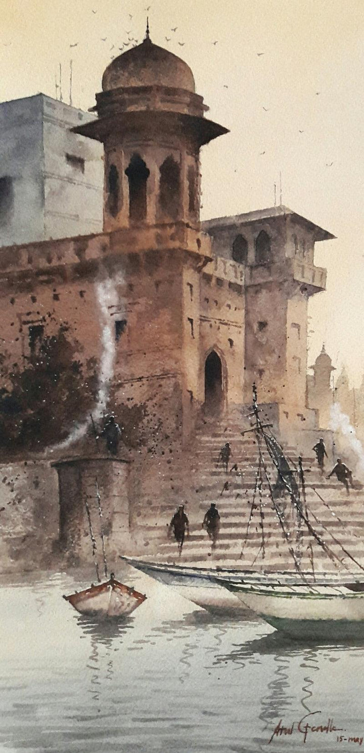 Cityscape watercolor painting titled 'Varanasi 2', 12x20 inches, by artist Atul Gendle on Paper