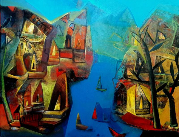 Abstract acrylic painting titled 'Varanasi 3', 42x54 inches, by artist Tapas Ghosal on canvas