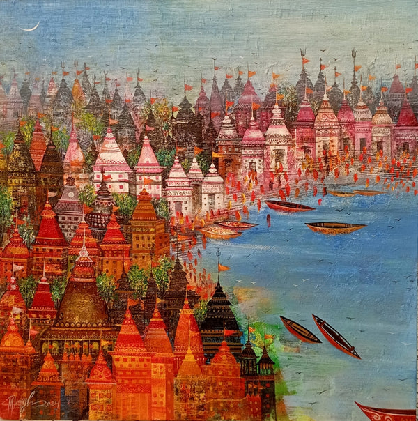 Religious acrylic painting titled 'Varanasi-3-m-singh', 24x24 inch, by artist M Singh on Canvas