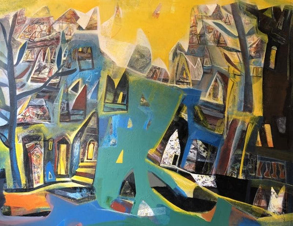 Cityscape acrylic painting titled 'Varanasi 4', 42x54 inches, by artist Tapas Ghosal on Canvas