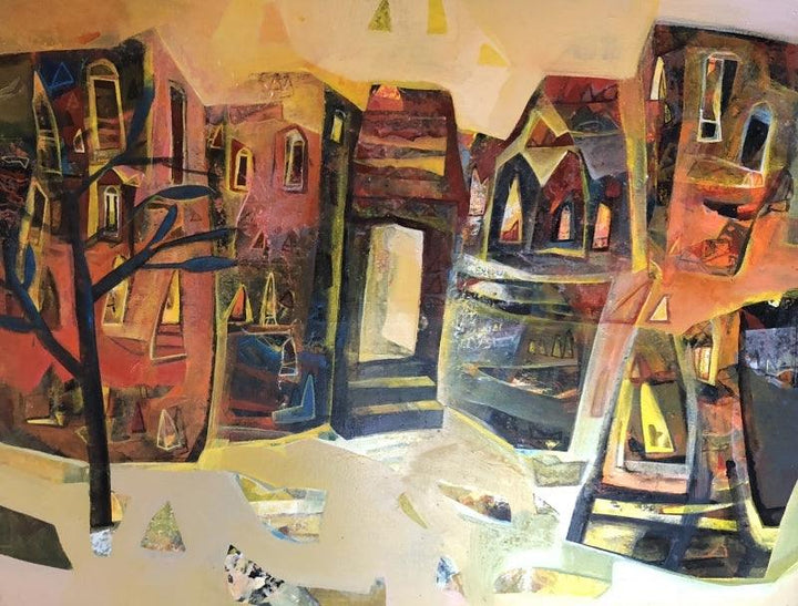 Cityscape acrylic painting titled 'Varanasi 5', 42x54 inches, by artist Tapas Ghosal on Canvas