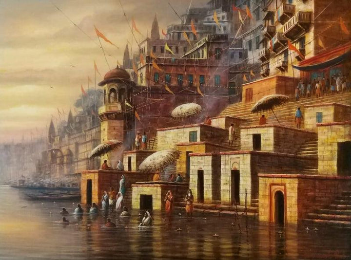 Religious acrylic painting titled 'Varanasi 9', 36x48 inches, by artist Paramesh Paul on Canvas