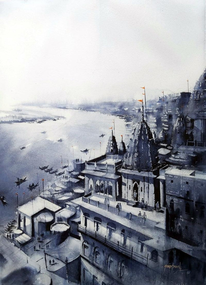 Cityscape watercolor painting titled 'Varanasi', 30x20 inches, by artist Sanjay Dhawale on handmade paper