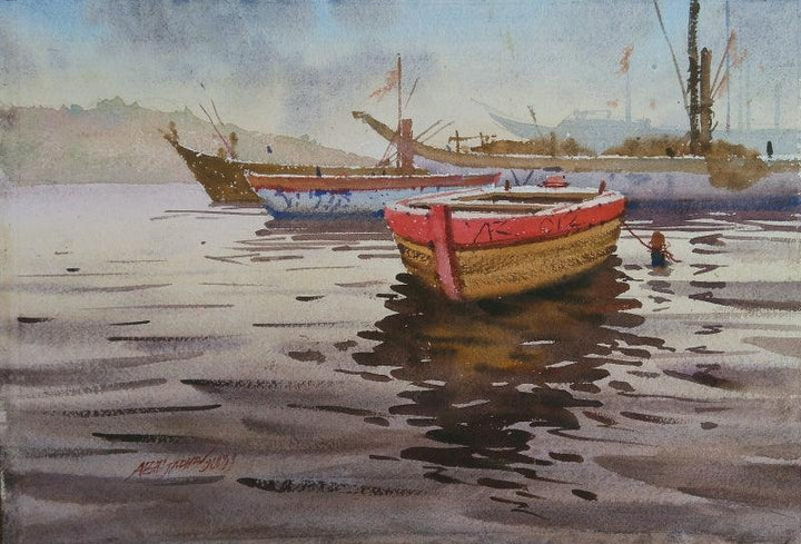 Seascape watercolor painting titled 'Varanasi Boats', 15x22 inches, by artist Abhijit Jadhav on Paper