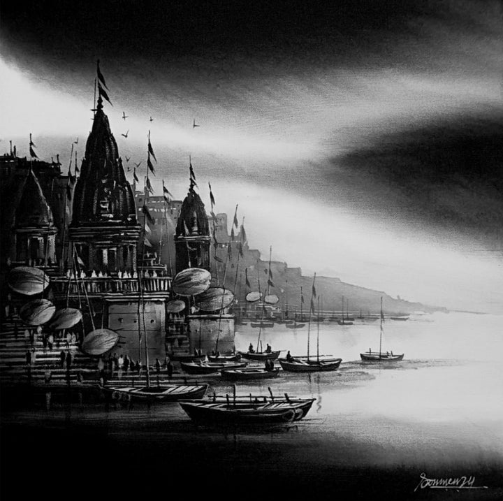 Religious acrylic painting titled 'Varanasi Ghat 1', 18x18 inch, by artist Soumen Saha on Canvas