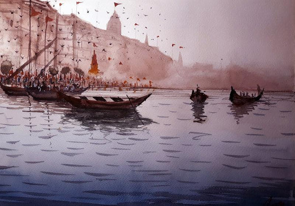 Cityscape watercolor painting titled 'Varanasi Ghat 1', 9x12 inches, by artist Arunava Ray on Paper