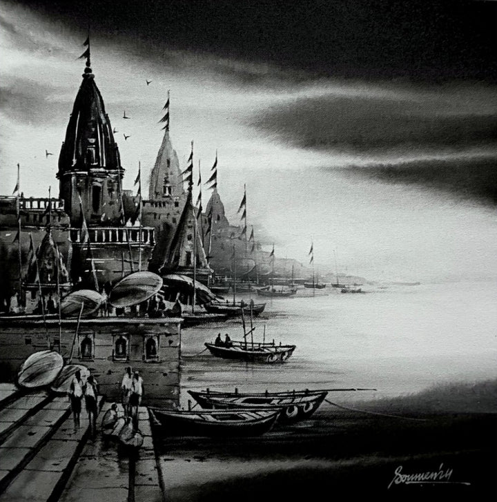 Religious acrylic painting titled 'Varanasi Ghat 2', 18x18 inch, by artist Soumen Saha on Canvas