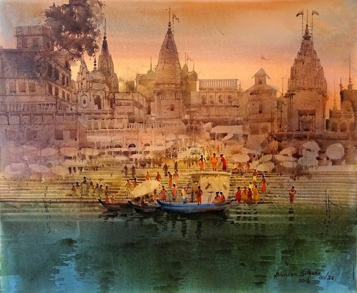 Landscape acrylic painting titled 'Varanasi Ghat 36', 36x30 inches, by artist Bhuwan Silhare on Canvas