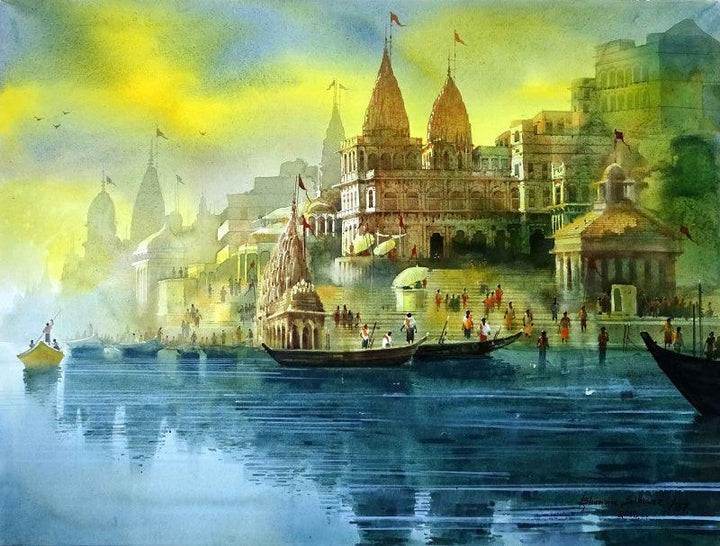 Landscape acrylic painting titled 'Varanasi Ghat 37', 48x36 inches, by artist Bhuwan Silhare on canvas