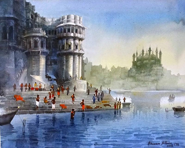 Landscape acrylic painting titled 'Varanasi Ghat 38', 30x24 inches, by artist Bhuwan Silhare on Canvas