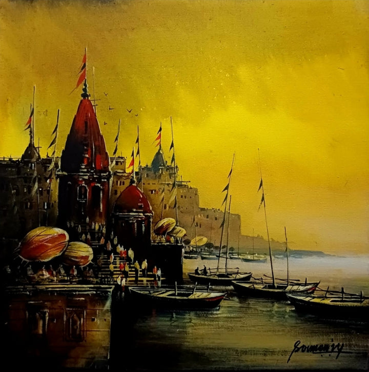 Religious acrylic painting titled 'Varanasi Ghat', 16x16 inch, by artist Soumen Saha on Canvas Board