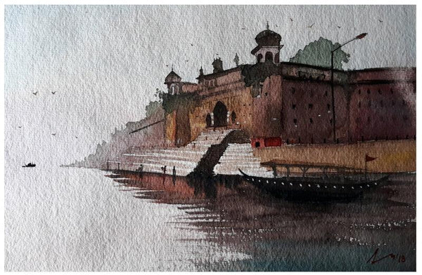 Cityscape watercolor painting titled 'Varanasi Ghat', 7x11 inches, by artist Arunava Ray on Paper