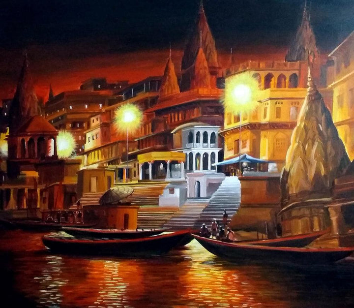 Cityscape acrylic painting titled 'Varanasi Ghat at Night', 30x36 inches, by artist Samiran Sarkar on Canvas