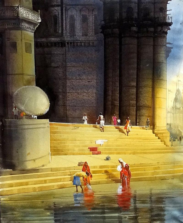 Cityscape acrylic painting titled 'Varanasi Ghat II', 36x42 inches, by artist Bhuwan Silhare on Canvas