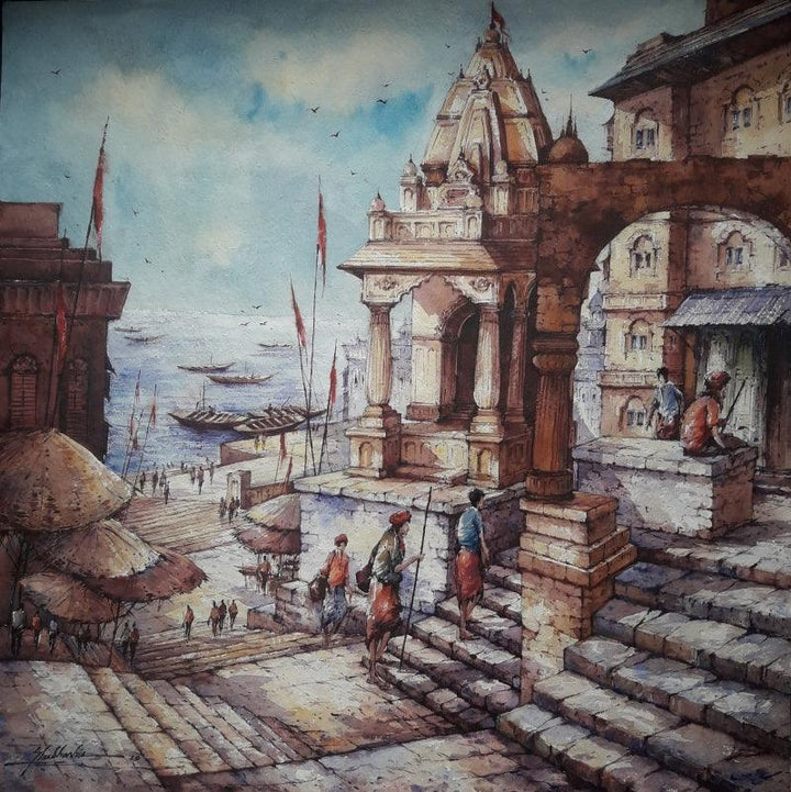 Religious watercolor painting titled 'Varanasi series 1', 22x22 inches, by artist SHUBHASHIS MANDAL on Handmade paper