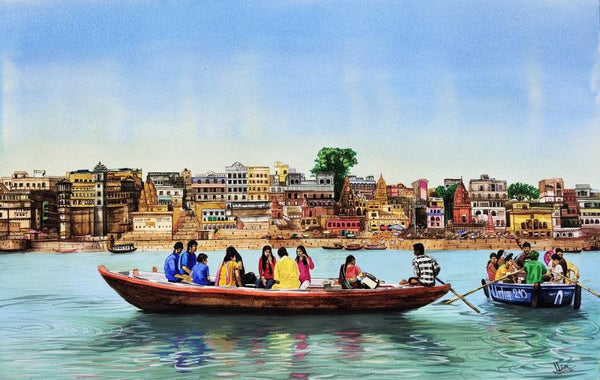 Cityscape gouache painting titled 'Varanasi Shiva', 15x23 inches, by artist Shiva Prasad Reddy on Paper