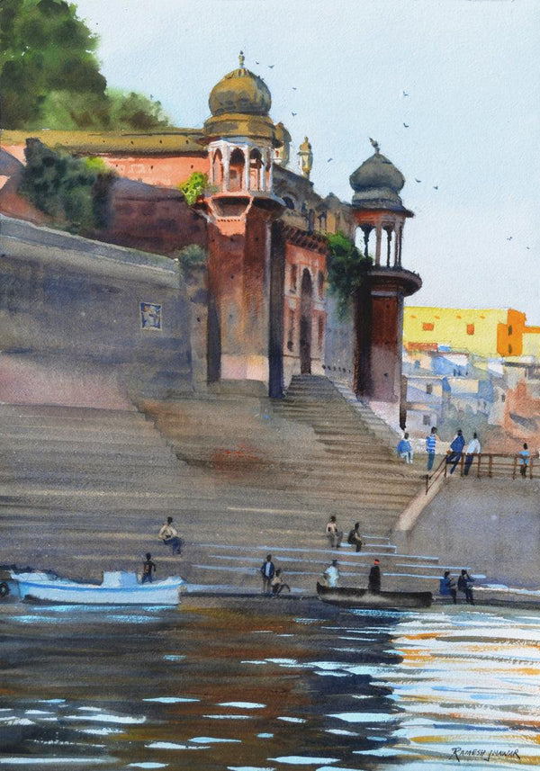 Landscape watercolor painting titled 'Varanasi Vignette', 16x12 inches, by artist Ramesh Jhawar on Paper