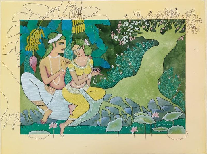 Religious watercolor painting titled 'Vasant Ritu', 22x30 inches, by artist Yojana Dehankar on Paper