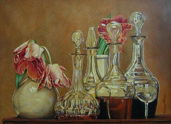 Still-life acrylic painting titled 'Vase And Bottles', 22x27 inches, by artist Sakthivel Ramalingam on Canvas