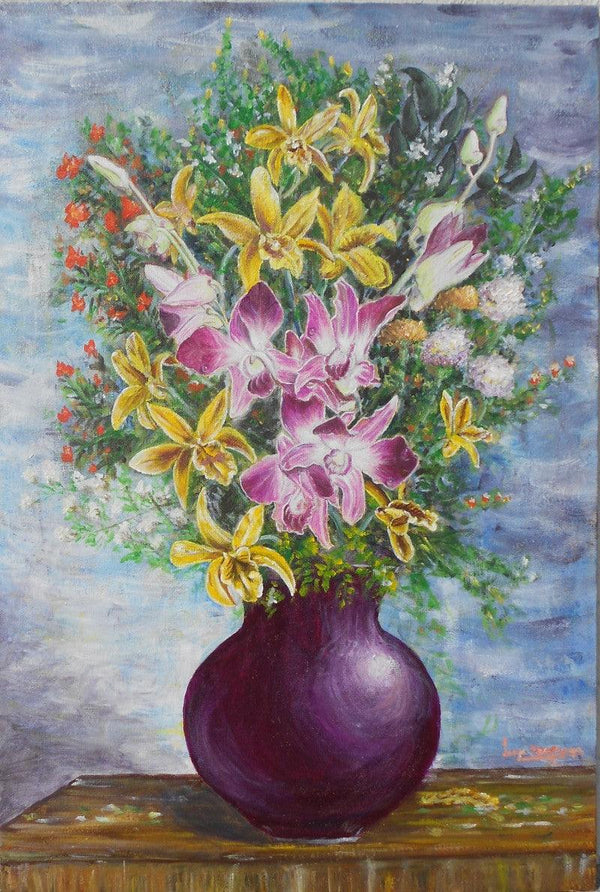 Still-life acrylic painting titled 'Vase of orchids', 15x22 inches, by artist Lasya Upadhyaya on Canvas Board