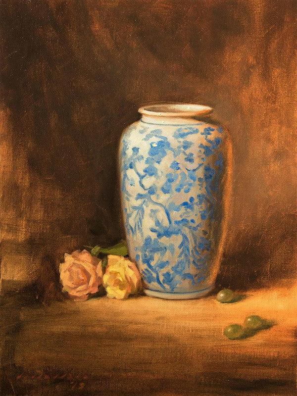 Still-life oil painting titled 'Vase With Roses', 16x12 inches, by artist Amit Srivastava on Linen